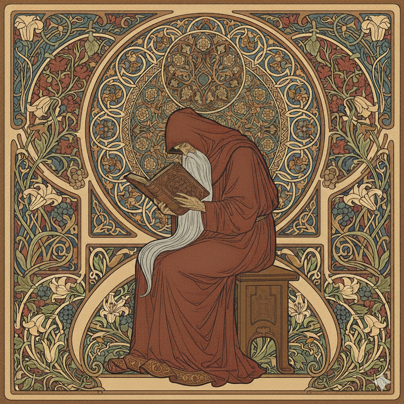 A man in a hooded robe sat studying a book in the style of a woodcut printing