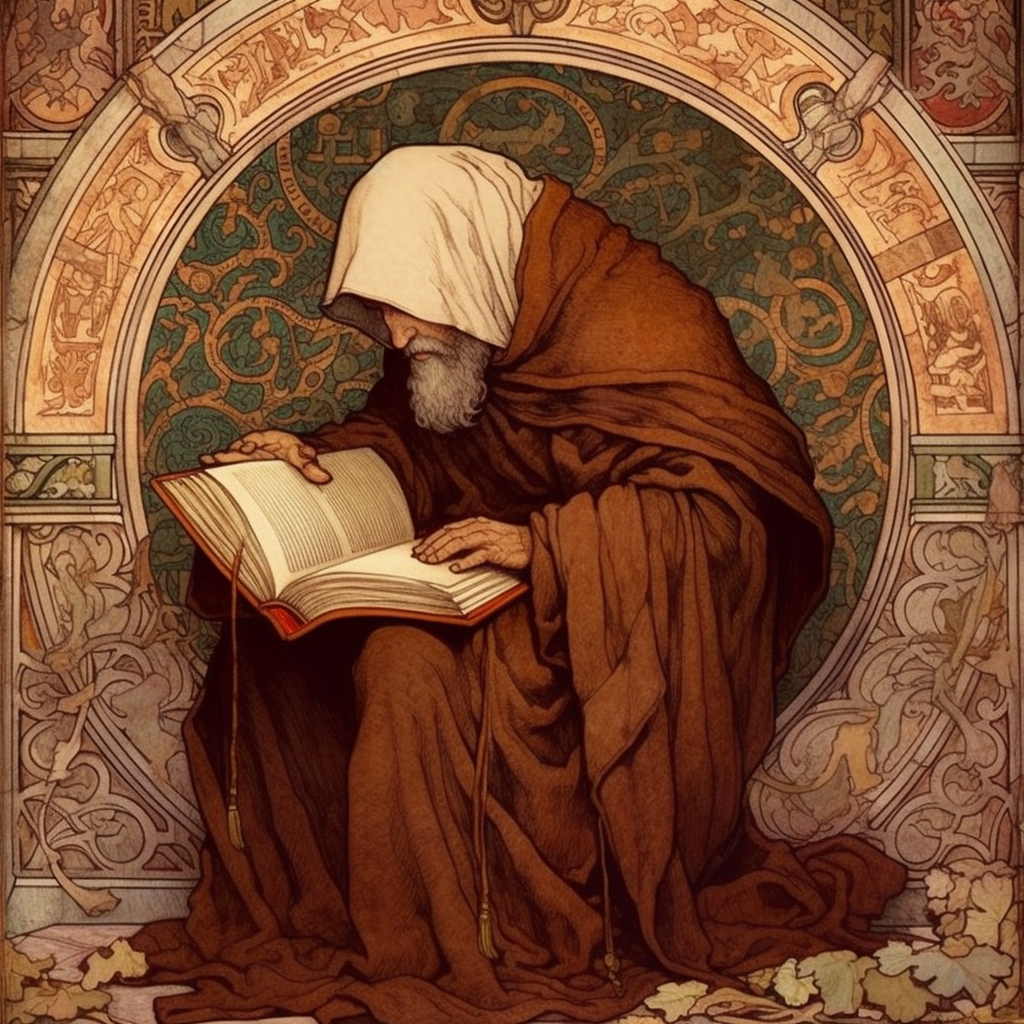 A bearded man in a hooded robe sat studying a book in the style of the artist Alphonse Mucha