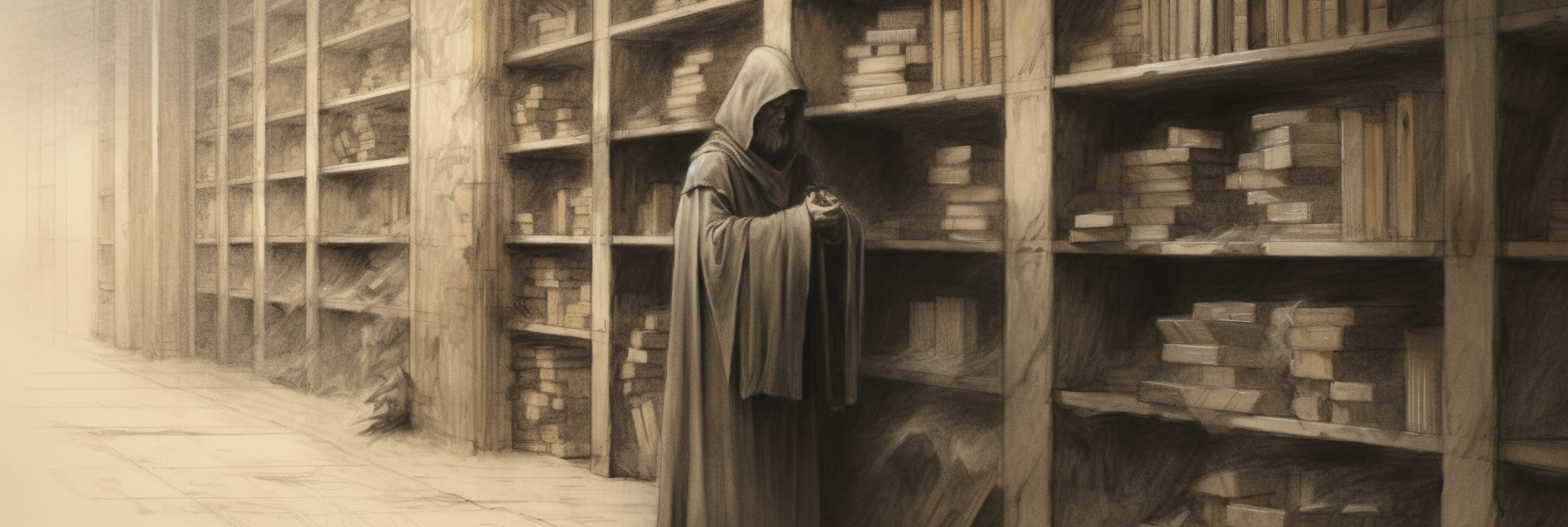 A pencil drawing of a man in a hooded robe standing next to large shelves of books