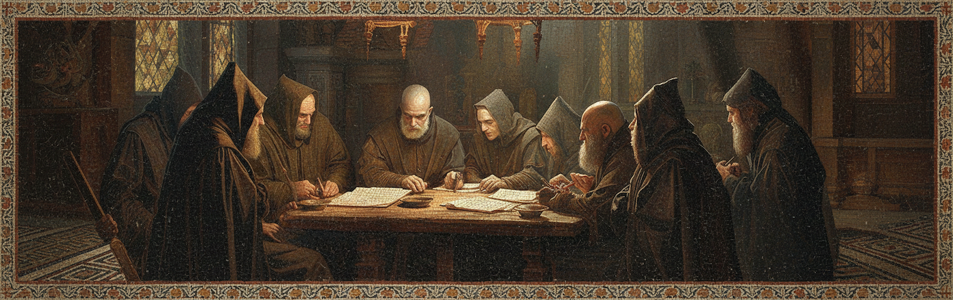 A pencil drawing of a man in a hooded robe standing next to large shelves of books