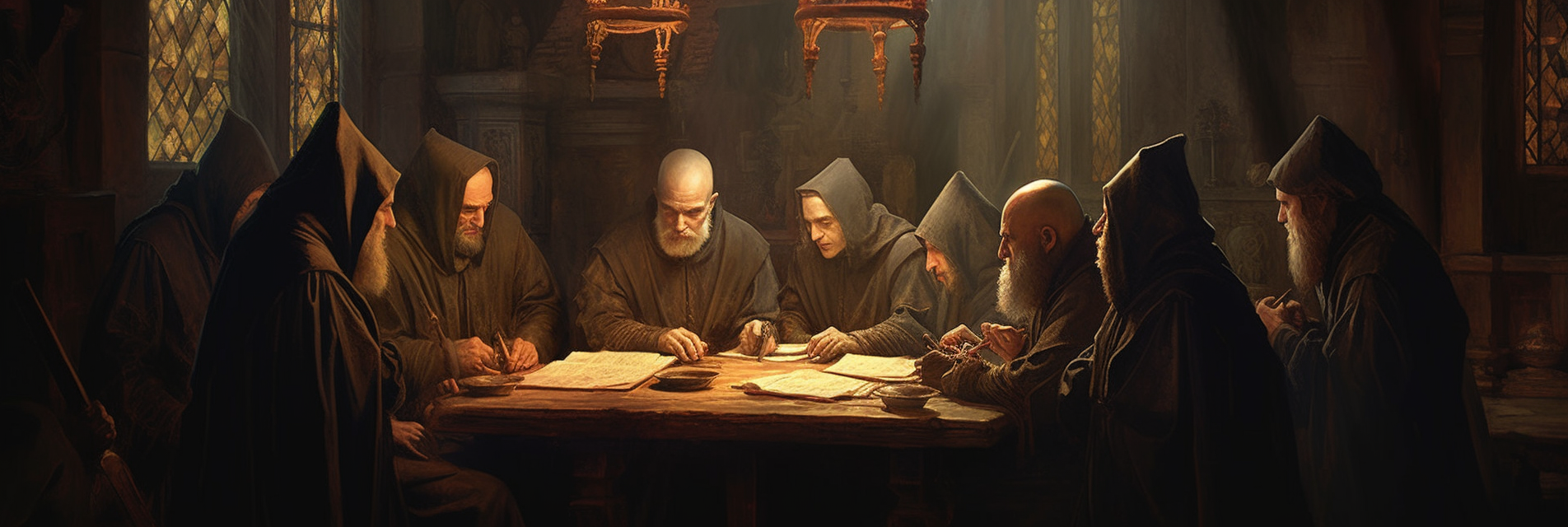A group of men in robes gathered around a table, studying papers